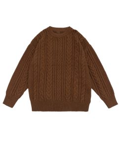 Japanese Retro Solid Color Twisted Round Neck Pullover Sweater for Couples - Unisex Winter College Style Loose Knit Top