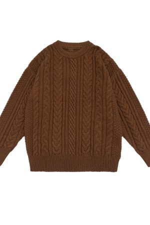 Japanese Retro Solid Color Twisted Round Neck Pullover Sweater for Couples - Unisex Winter College Style Loose Knit Top