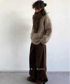 Japanese Retro Solid Color Twisted Round Neck Pullover Sweater for Couples - Unisex Winter College Style Loose Knit Top