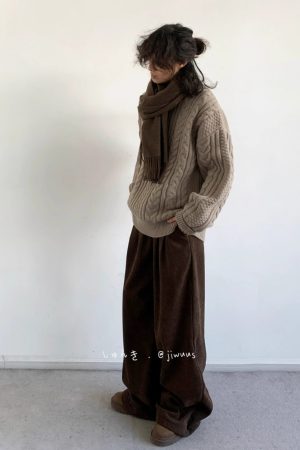 Japanese Retro Solid Color Twisted Round Neck Pullover Sweater for Couples - Unisex Winter College Style Loose Knit Top