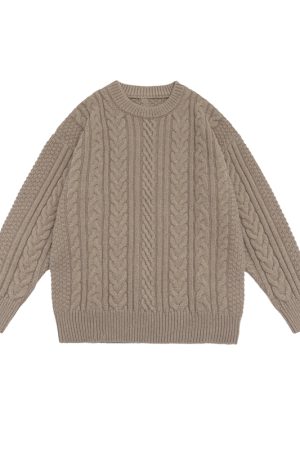 Japanese Retro Solid Color Twisted Round Neck Pullover Sweater for Couples - Unisex Winter College Style Loose Knit Top