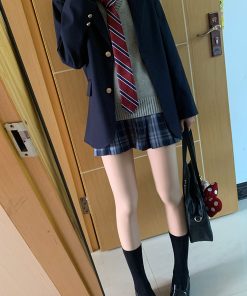 Japanese School Style Mid-Length Blazer with Pleated Skirt Set - Women's Pudding Bear Inspired JK Uniform for Early Autumn