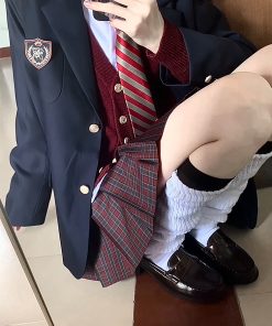 Japanese School Style Mid-Length Blazer with Pleated Skirt Set - Women's Pudding Bear Inspired JK Uniform for Early Autumn