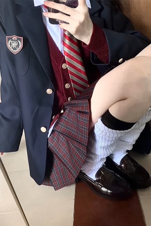 Japanese School Style Mid-Length Blazer with Pleated Skirt Set - Women's Pudding Bear Inspired JK Uniform for Early Autumn