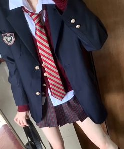 Japanese School Style Mid-Length Blazer with Pleated Skirt Set - Women's Pudding Bear Inspired JK Uniform for Early Autumn