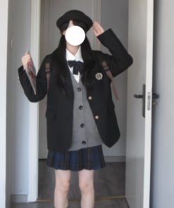 Japanese School Style Mid-Length Blazer with Pleated Skirt Set - Women's Pudding Bear Inspired JK Uniform for Early Autumn