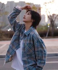 Japanese-Style Brushed Plaid Long Sleeve Shirt for Men and Women, Casual Cool Couple Jacket for Spring and Autumn