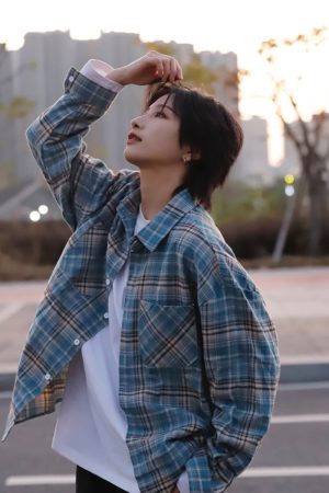 Japanese-Style Brushed Plaid Long Sleeve Shirt for Men and Women, Casual Cool Couple Jacket for Spring and Autumn