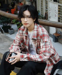 Japanese-Style Brushed Plaid Long Sleeve Shirt for Men and Women, Casual Cool Couple Jacket for Spring and Autumn