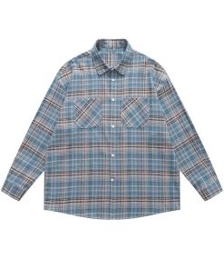 Japanese-Style Brushed Plaid Long Sleeve Shirt for Men and Women, Casual Cool Couple Jacket for Spring and Autumn