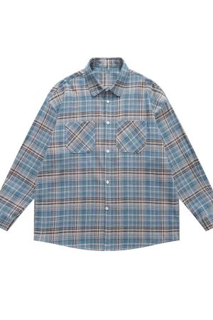 Japanese-Style Brushed Plaid Long Sleeve Shirt for Men and Women, Casual Cool Couple Jacket for Spring and Autumn