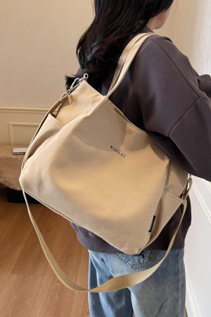 Japanese-Style Canvas Tote Bag for Women - 2025 Model, Simple Versatile Shoulder Crossbody Bag with Letter Design, Commuter Essential
