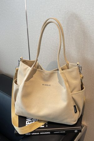 Japanese-Style Canvas Tote Bag for Women - 2025 Model, Simple Versatile Shoulder Crossbody Bag with Letter Design, Commuter Essential
