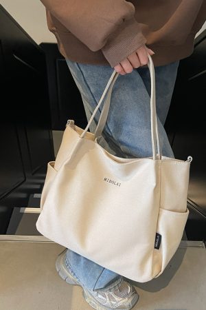 Japanese-Style Canvas Tote Bag for Women - 2025 Model, Simple Versatile Shoulder Crossbody Bag with Letter Design, Commuter Essential