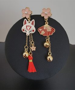 Japanese-Style Fox Design Asymmetrical Fan Earrings for Cute and Sweet Looks
