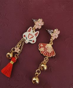 Japanese-Style Fox Design Asymmetrical Fan Earrings for Cute and Sweet Looks