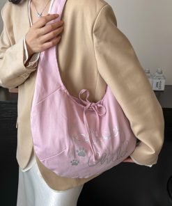 Japanese-Style Large Capacity Canvas Tote Bag for Women, 2025 Spring/Summer Bow Crossbody Shoulder Bag