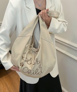 Japanese-Style Large Capacity Canvas Tote Bag for Women, 2025 Spring/Summer Bow Crossbody Shoulder Bag