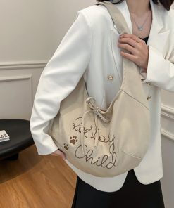 Japanese-Style Large Capacity Canvas Tote Bag for Women, 2025 Spring/Summer Bow Crossbody Shoulder Bag