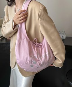 Japanese-Style Large Capacity Canvas Tote Bag for Women, 2025 Spring/Summer Bow Crossbody Shoulder Bag