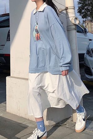 Japanese Style Loose Fit Long Sleeve Polo Shirt - Versatile Casual Oversized T-Shirt for Students and Couples