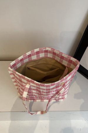 Japanese-Style Minimalist Checkered Fabric Bucket Bag for Women, 2025 Versatile Shoulder Bag with Embroidered Letters