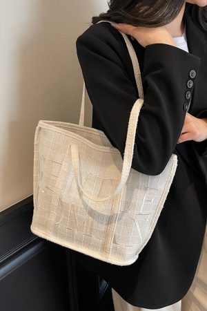 Japanese-Style Minimalist Checkered Fabric Bucket Bag for Women, 2025 Versatile Shoulder Bag with Embroidered Letters