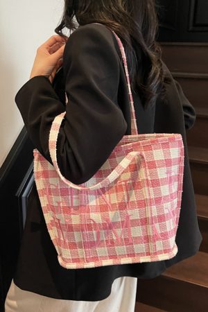 Japanese-Style Minimalist Checkered Fabric Bucket Bag for Women, 2025 Versatile Shoulder Bag with Embroidered Letters
