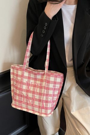 Japanese-Style Minimalist Checkered Fabric Bucket Bag for Women, 2025 Versatile Shoulder Bag with Embroidered Letters