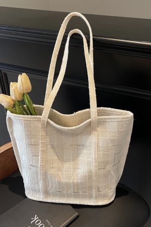 Japanese-Style Minimalist Checkered Fabric Bucket Bag for Women, 2025 Versatile Shoulder Bag with Embroidered Letters