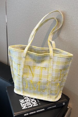 Japanese-Style Minimalist Checkered Fabric Bucket Bag for Women, 2025 Versatile Shoulder Bag with Embroidered Letters