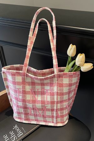 Japanese-Style Minimalist Checkered Fabric Bucket Bag for Women, 2025 Versatile Shoulder Bag with Embroidered Letters