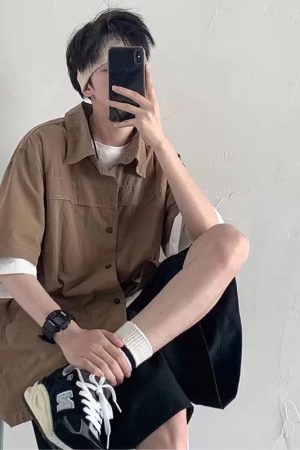 Japanese-Style Oversized Short-Sleeve Work Shirt for Men - Retro Streetwear Summer Jacket, Trendy Casual Fashion