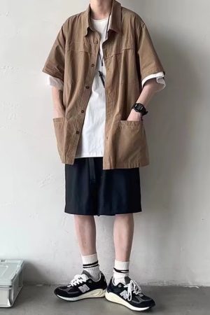 Japanese-Style Oversized Short-Sleeve Work Shirt for Men - Retro Streetwear Summer Jacket, Trendy Casual Fashion