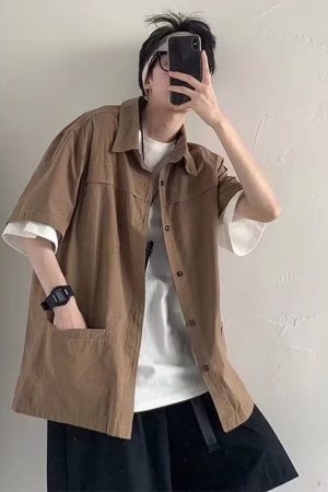 Japanese-Style Oversized Short-Sleeve Work Shirt for Men - Retro Streetwear Summer Jacket, Trendy Casual Fashion