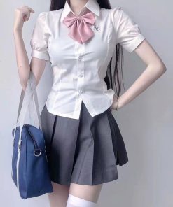 Japanese-Style Pudding Bear JK Shirt with Waist-Cinching Design, Short-Sleeved Puff Sleeve Top for Summer Fashion