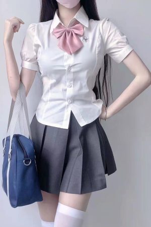 Japanese-Style Pudding Bear JK Shirt with Waist-Cinching Design, Short-Sleeved Puff Sleeve Top for Summer Fashion