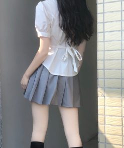 Japanese-Style Pudding Bear JK Shirt with Waist-Cinching Design, Short-Sleeved Puff Sleeve Top for Summer Fashion