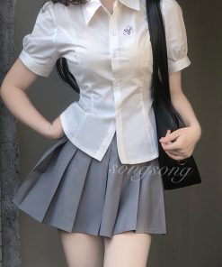 Japanese-Style Pudding Bear JK Shirt with Waist-Cinching Design, Short-Sleeved Puff Sleeve Top for Summer Fashion