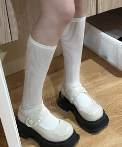 Japanese Style Pudding Bear Knitted Slouch Socks for Women - Thin Mid-Calf Socks in Milk White for Spring/Summer Fashion