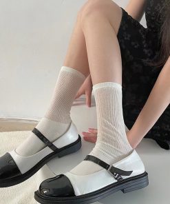 Japanese Style Pudding Bear Knitted Slouch Socks for Women - Thin Mid-Calf Socks in Milk White for Spring/Summer Fashion