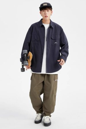 Japanese-Style Retro City Boy Workwear Long Sleeve Shirt - Unisex Loose Casual Pure Cotton Jacket for Spring & Autumn