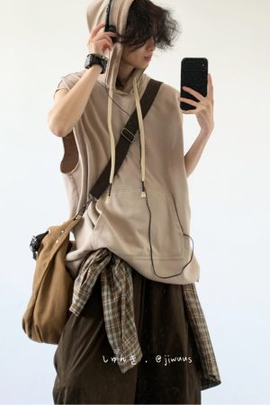 Japanese-Style Retro College Plain Tank Top for Men and Women, Loose Casual Summer Sleeveless Hoodie, Y2K Fashion