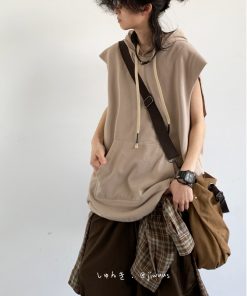Japanese-Style Retro College Plain Tank Top for Men and Women, Loose Casual Summer Sleeveless Hoodie, Y2K Fashion
