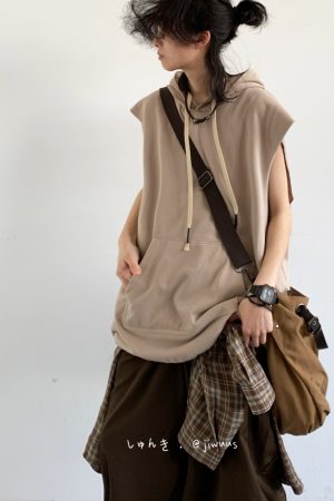Japanese-Style Retro College Plain Tank Top for Men and Women, Loose Casual Summer Sleeveless Hoodie, Y2K Fashion