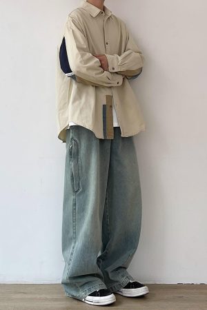 Japanese-Style Retro Color-Blocked Long Sleeve Shirt for Men and Women, Loose-Fitting Casual College Jacket for Spring and Autumn