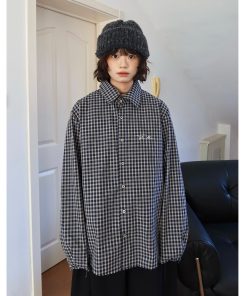 Japanese-Style Retro Loose-Fit Fine Check Long Sleeve Shirt for Men & Women, Casual Versatile Couple's Jacket for Spring & Autumn