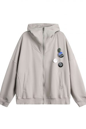 Japanese-Style Retro Oversized Badge Hoodie for Men and Women - Loose Fleece College Jacket for Spring, Autumn, and Winter