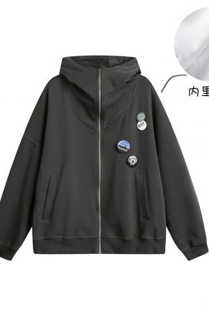 Japanese-Style Retro Oversized Badge Hoodie for Men and Women - Loose Fleece College Jacket for Spring, Autumn, and Winter