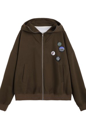 Japanese-Style Retro Oversized Badge Hoodie for Men and Women - Loose Fleece College Jacket for Spring, Autumn, and Winter